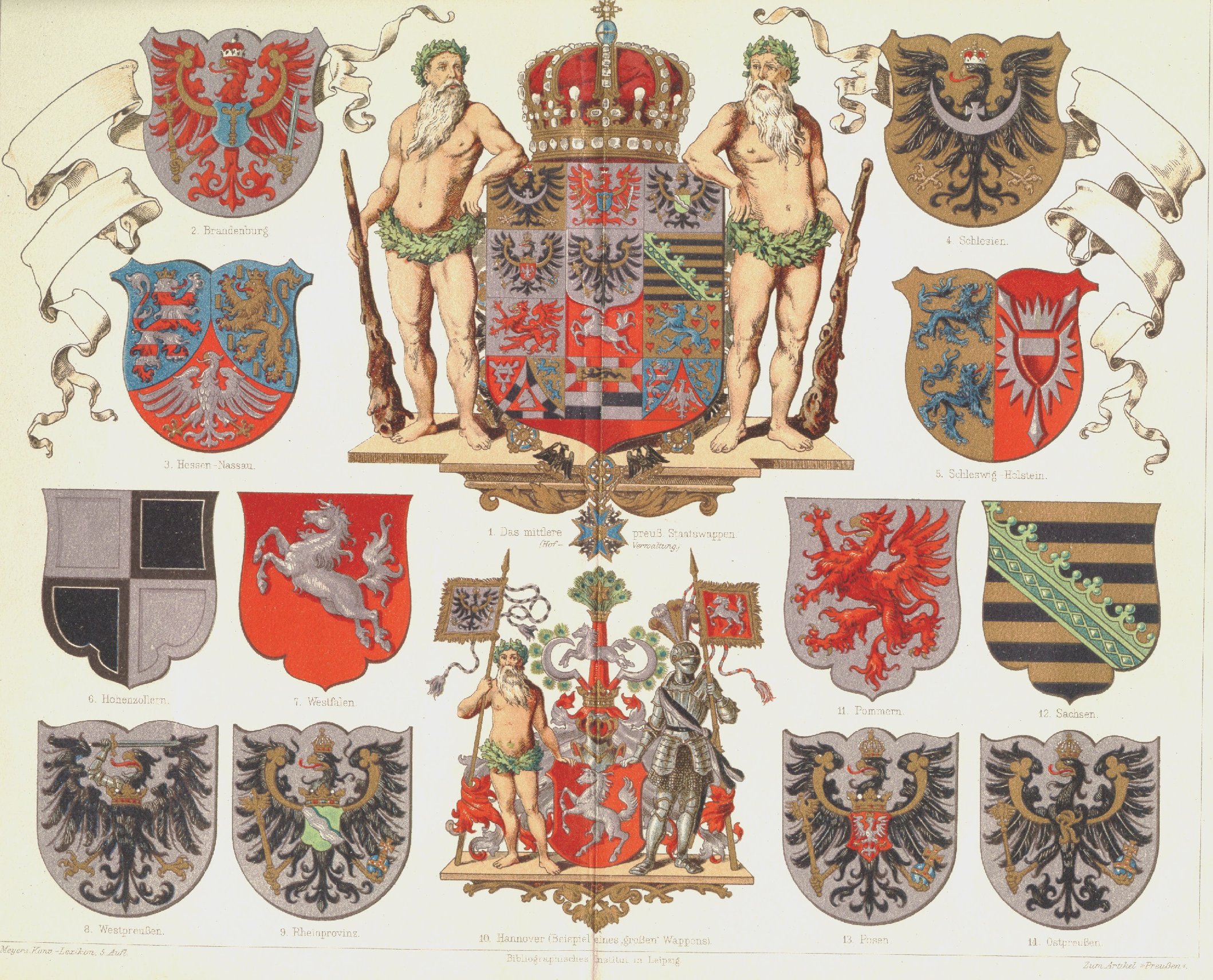 Grosses Staatswappen Preussens mit Provinzwappen und Beschreibung.